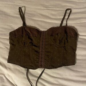 Brown corset tank top with lace and hearts